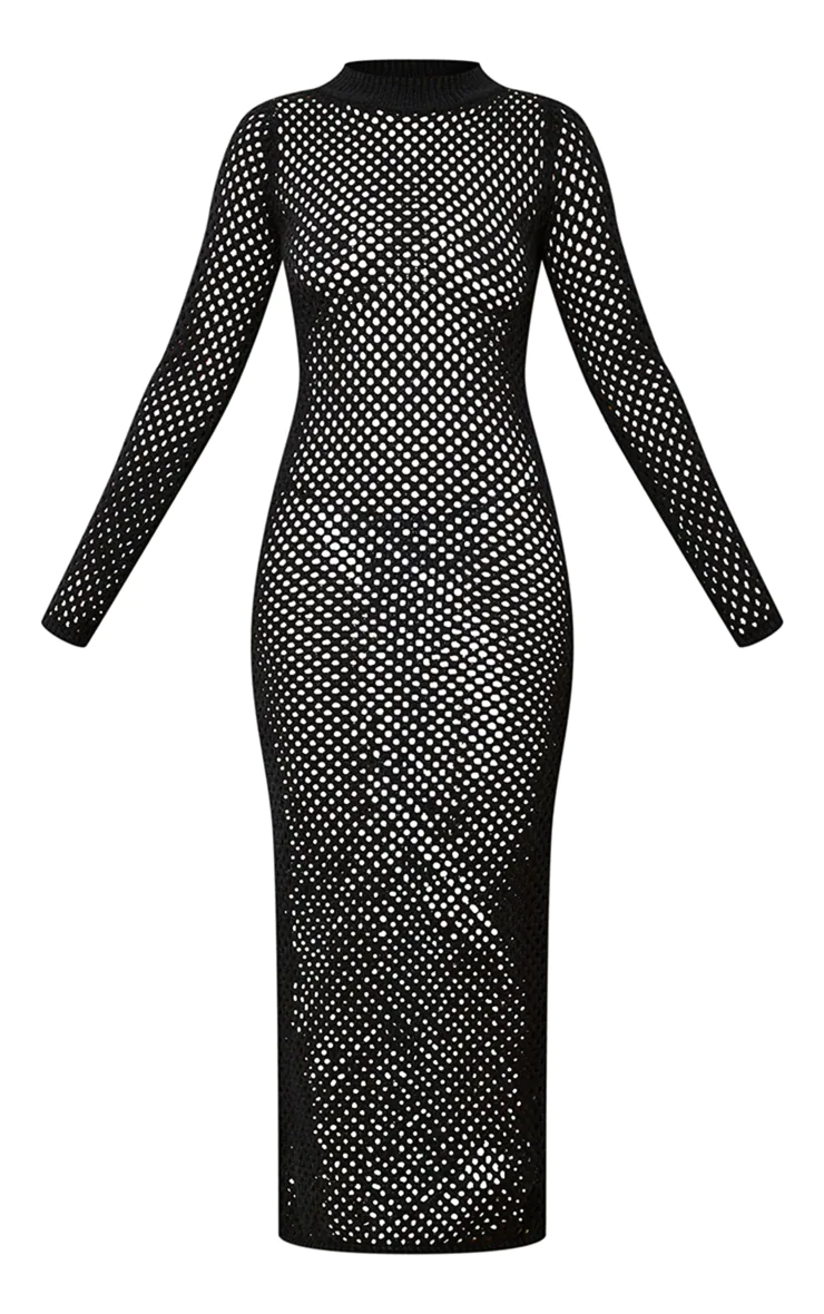 Black Open Knit Long Sleeve Midaxi Dress