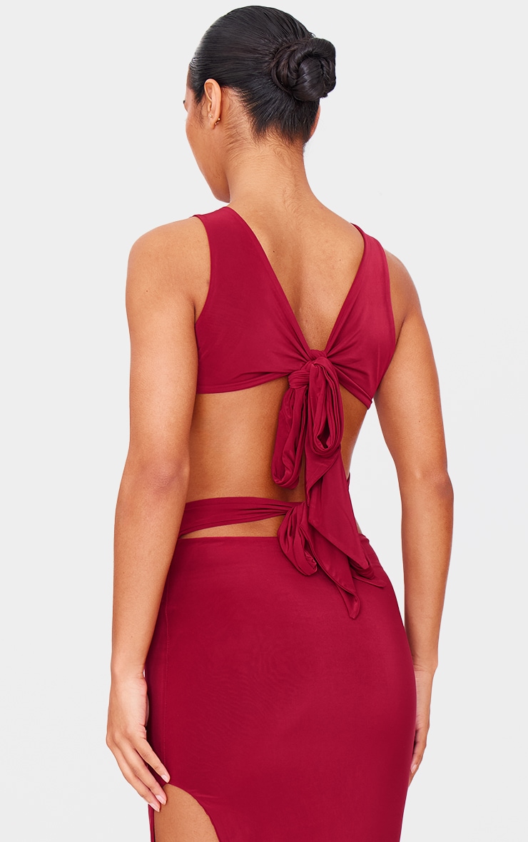 Burgundy Double Layer Slinky Tie Back Maxi Dress