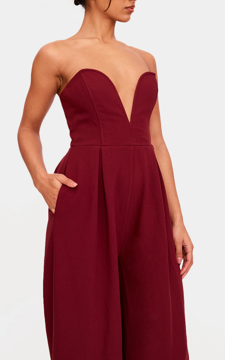 PLT Label Burgundy Plunge Wide Leg Jumpsuit
