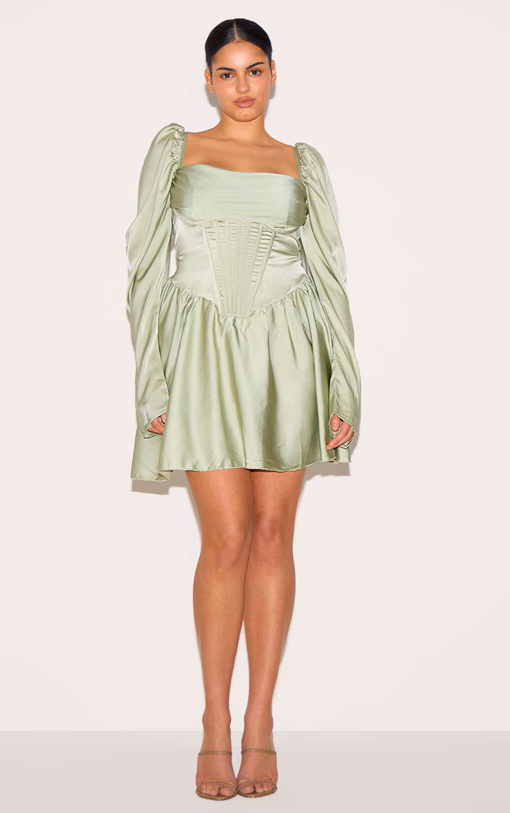 Plus Sage Satin Corset Detail Puffball Shift Dress
