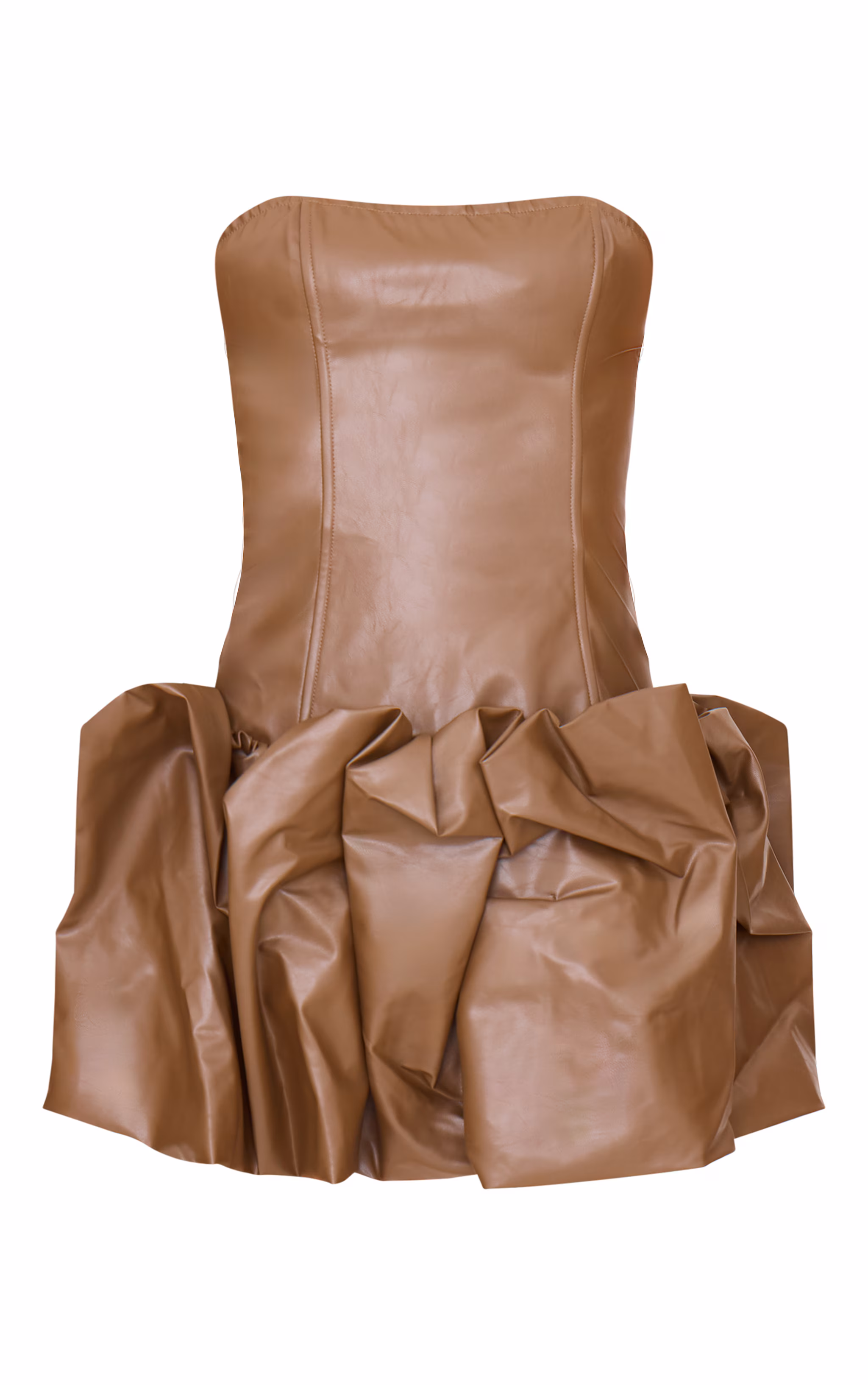 Brown Faux Leather Bandeau Puffball Mini Dress
