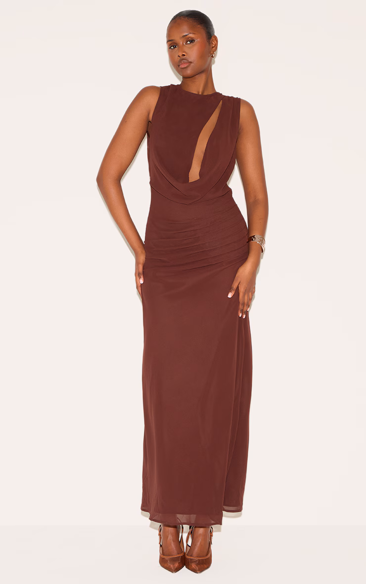 Chocolate Chiffon Keyhole Ruched Detail Maxi Dress