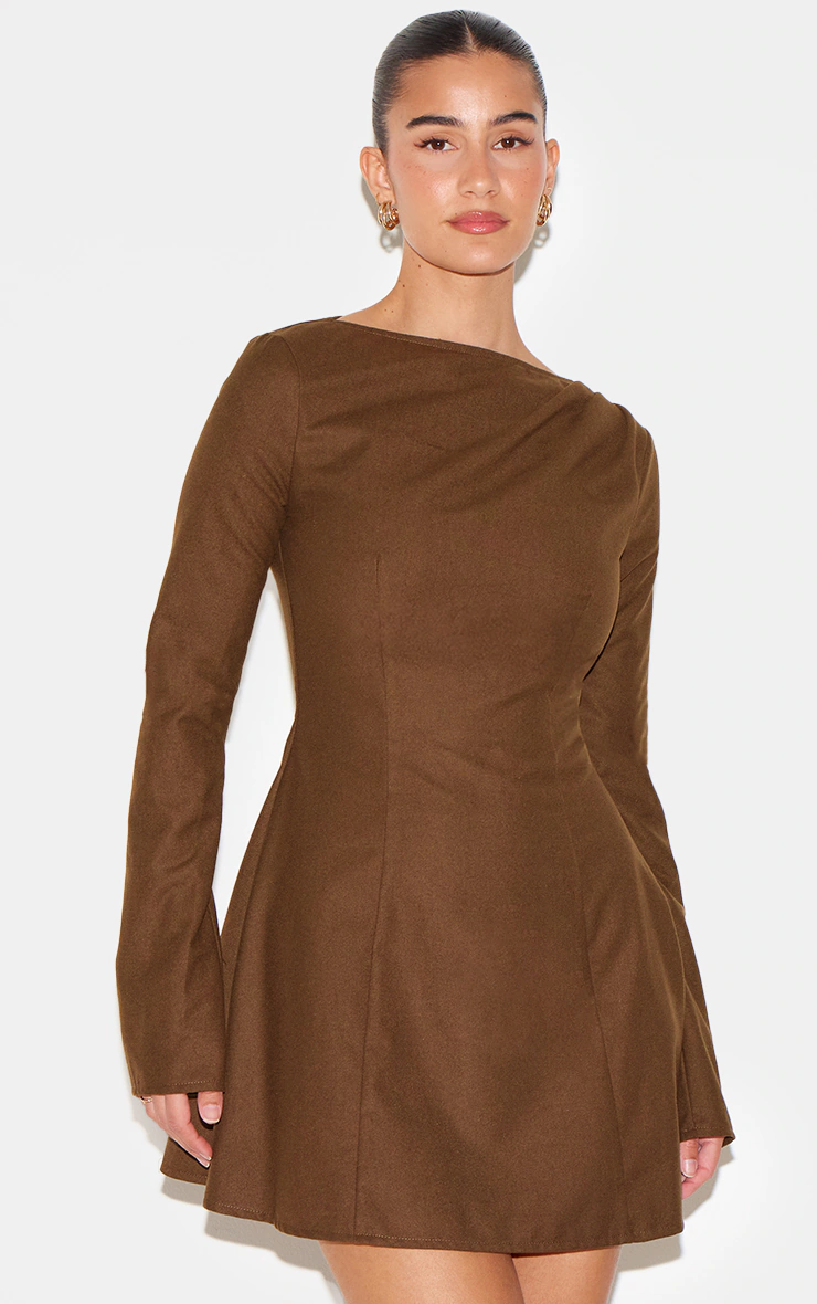 Chocolate Structured Woven Boat Neck Shift Dress