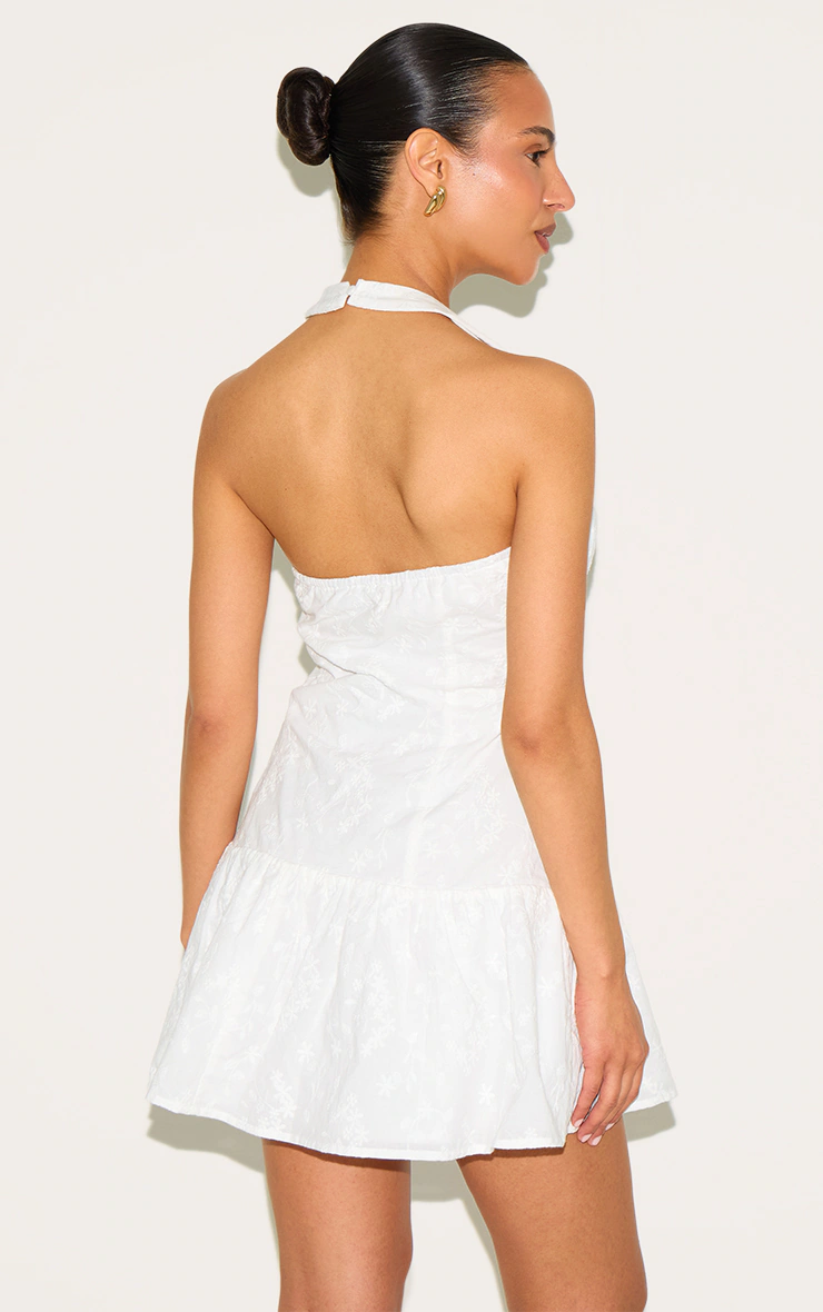 Petite White Halterneck Broderie Mini Dress