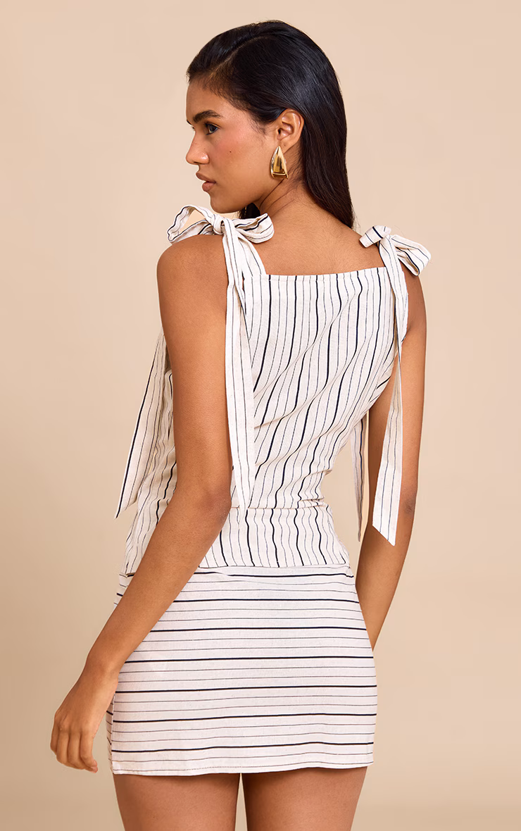 Sand Striped Linen-Blend Shoulder Tie Detail Layered Bodycon Dress