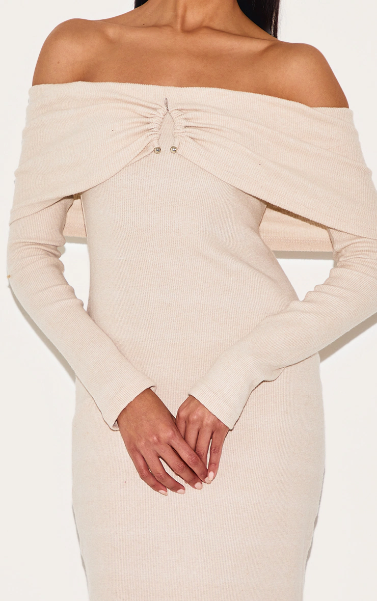 Stone Heavy Brushed Rib Bardot Trim Maxi Dress