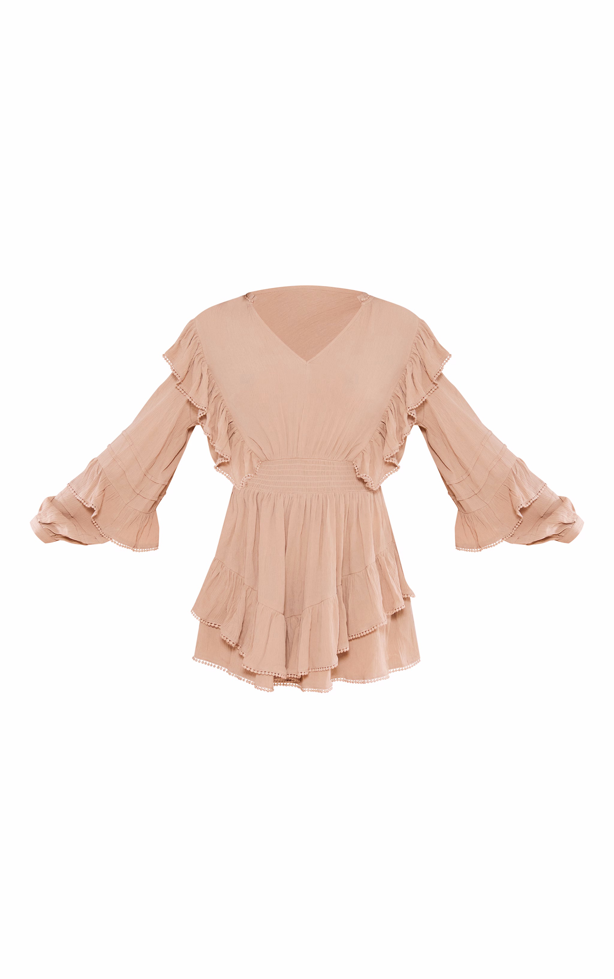 Taupe Cheesecloth Plunge Tiered Long Sleeve Shift Dress
