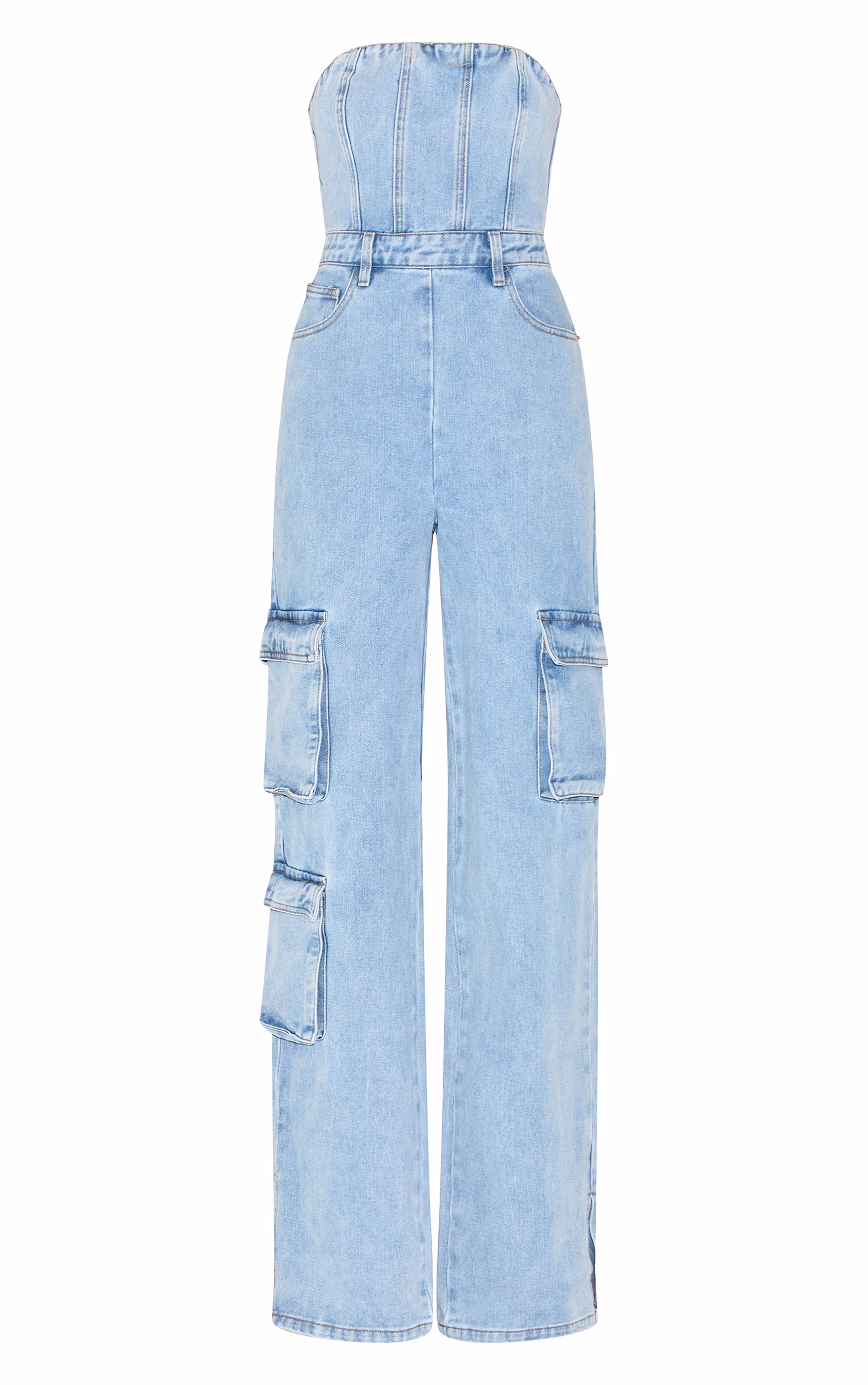 Light Blue Wash Cargo Pocket Bandeau Denim Jumpsuit