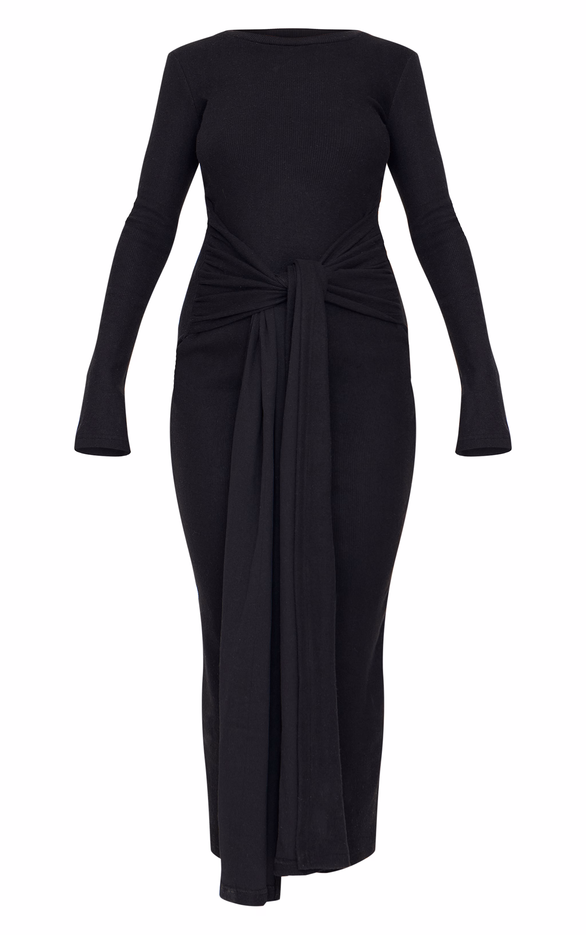 Black Heavy Brushed Rib Wrap Tie Maxi Dress