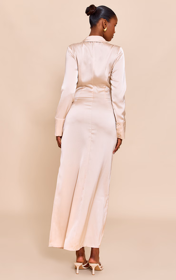 Almond Satin Button Down Midaxi Dress