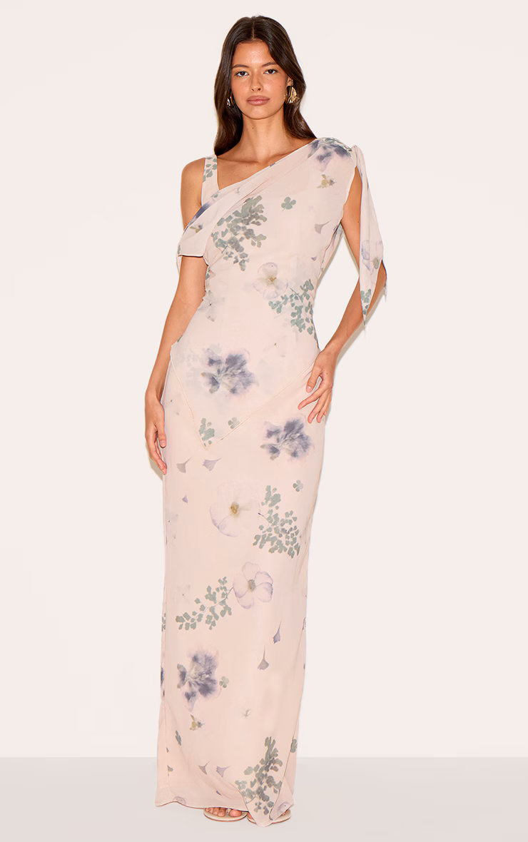 Sand Abstract Printed Chiffon Draped Maxi Dress