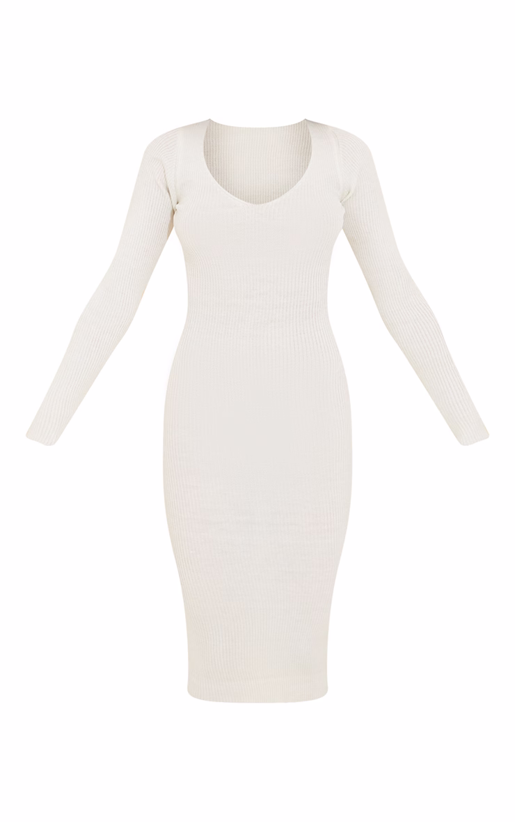 Cream V Neck Knit Midi Dress