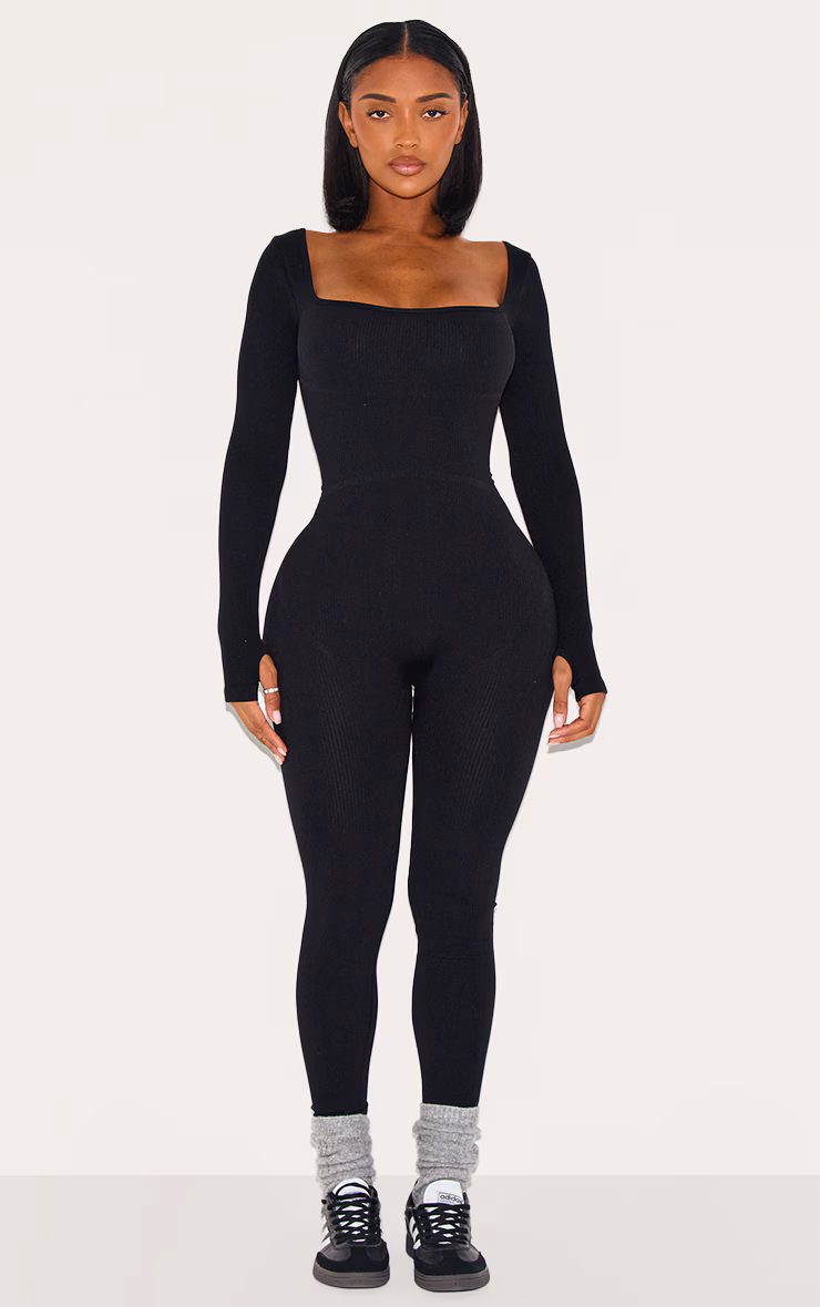 Shape Black Snatched Rib Square Neck Thumb Hole Jumpsuit