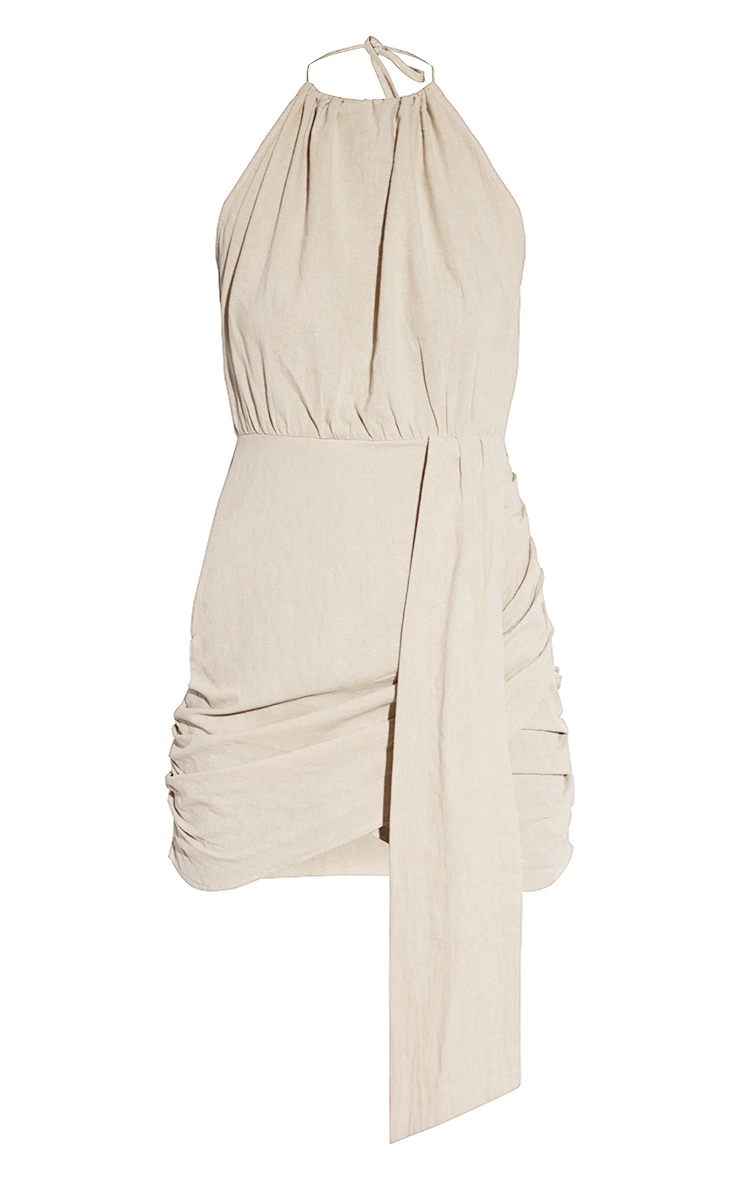 Oatmeal Linen Look Drape Detail Bodycon Dress