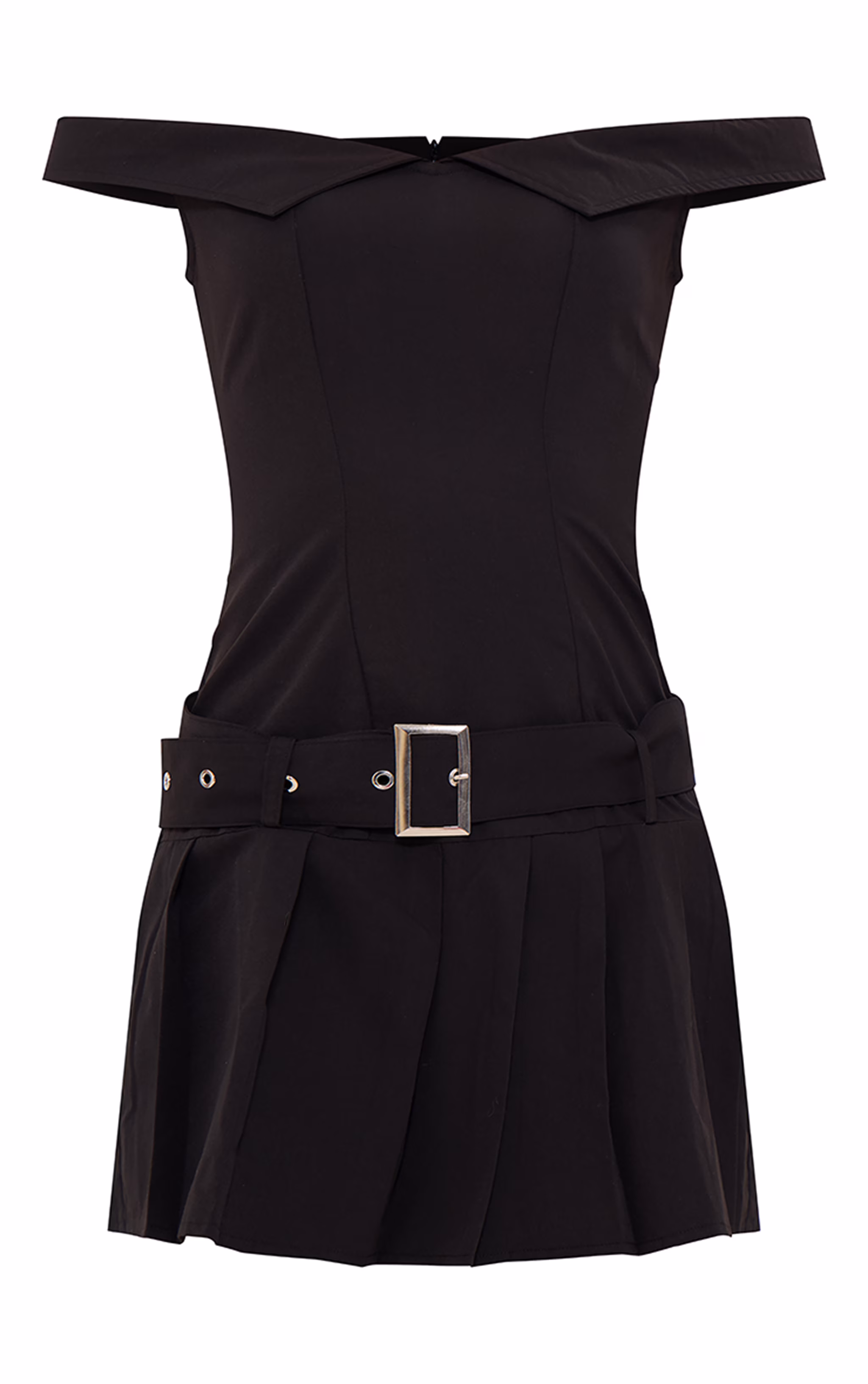 Black Bardot Belted Pleated Shift Dress