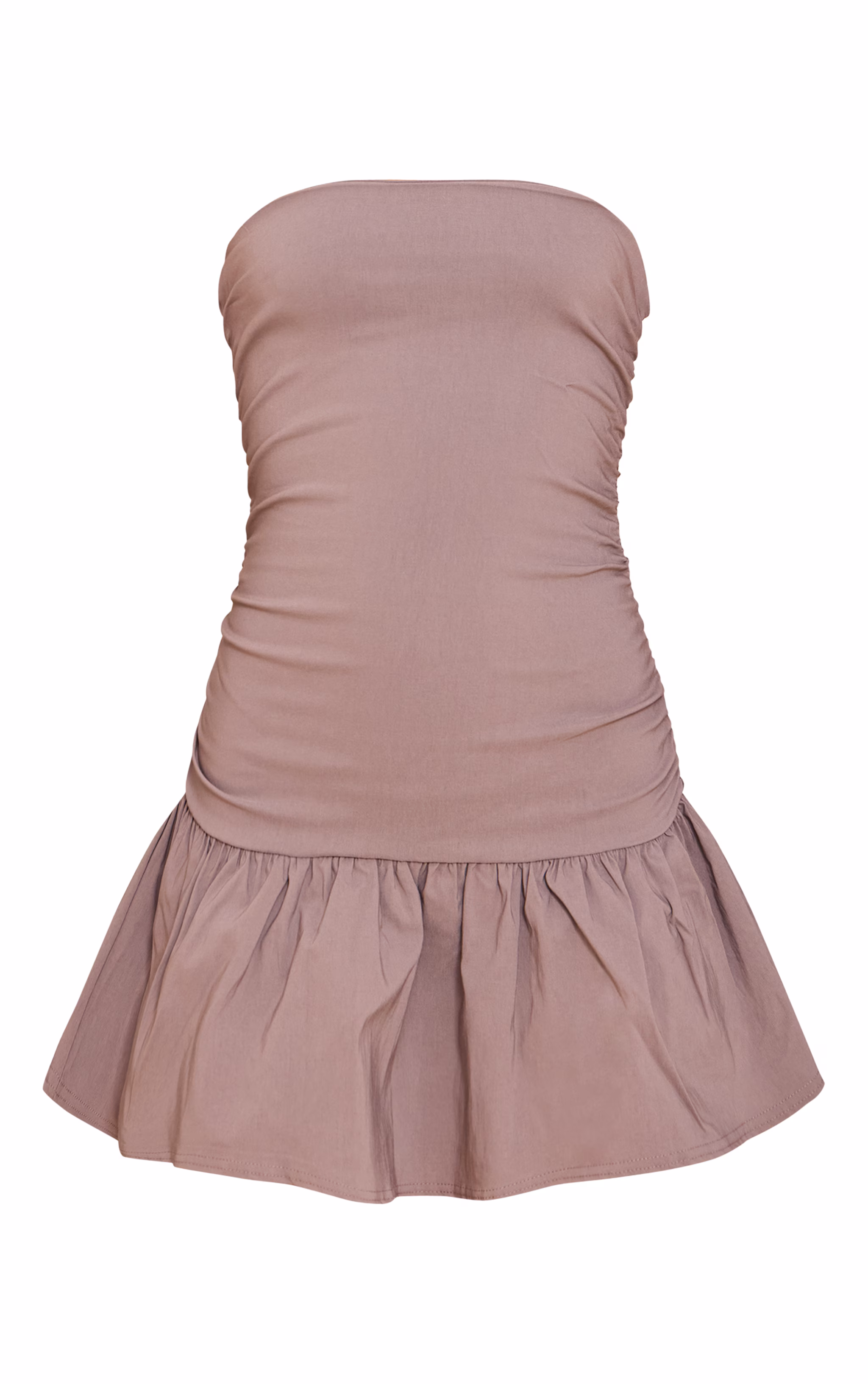 Taupe Stretch Woven Bandeau Ruched Shift Dress