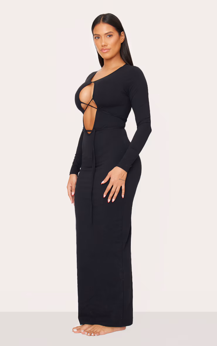 Shape Black Sculpt Plunge Front Strappy Waist Long Sleeve Maxi Dress