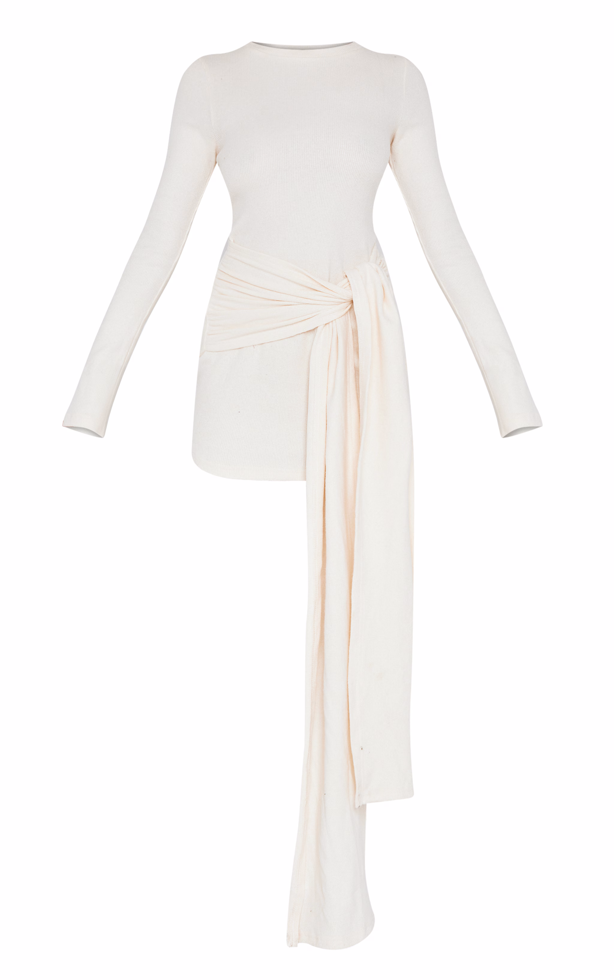 Cream Heavy Brushed Rib Boat Neck Wrap Tie Bodycon Dress