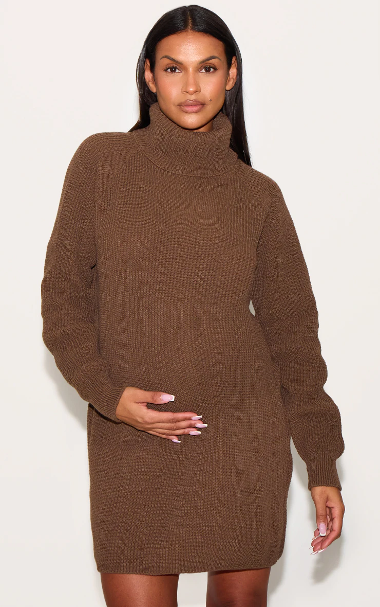Maternity Taupe Oversized High Neck Sweater Dress