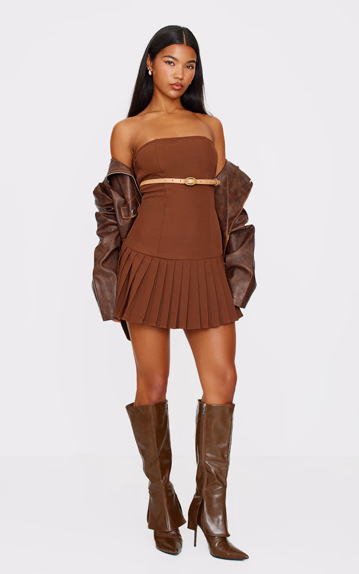 Chocolate Brown Belted Pleated Skirt Bodycon Dress