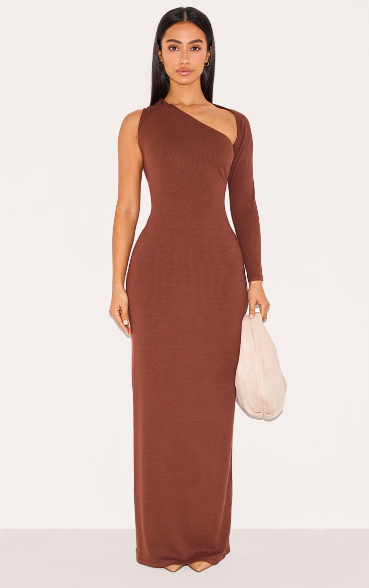 Petite Chocolate Ribbed One Sleeve Maxi Dress
