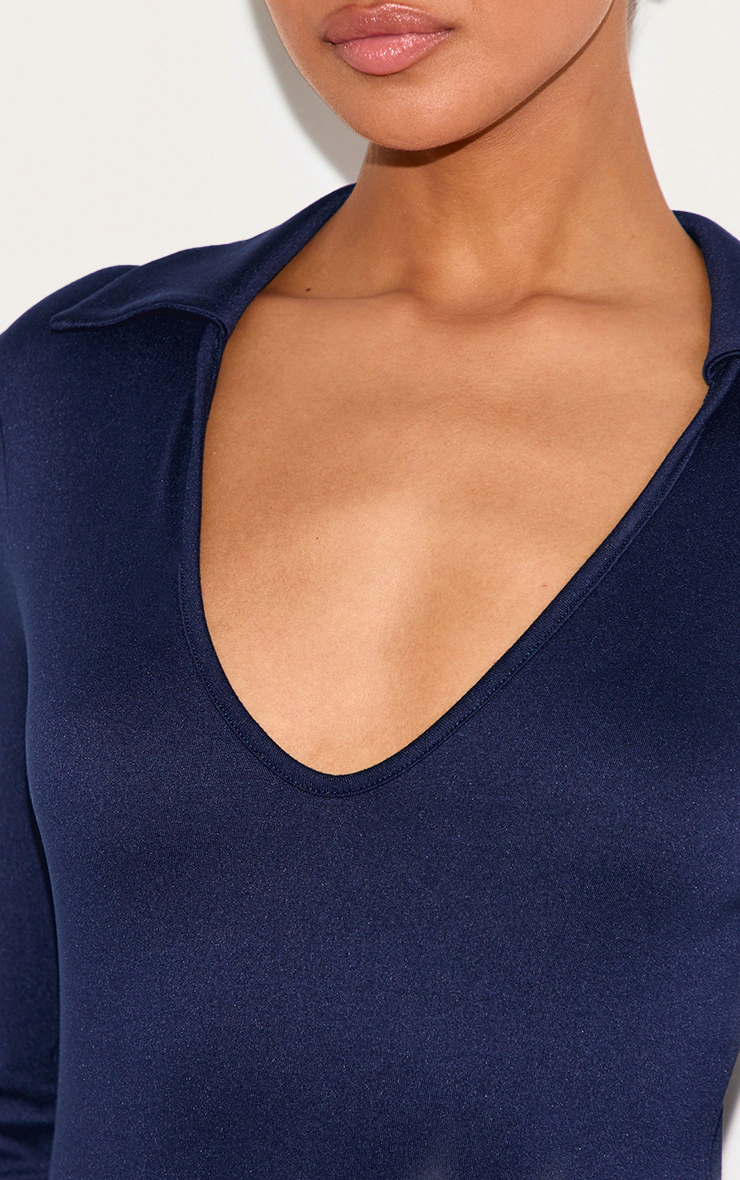 Navy Double Contour Collar Detail Long Sleeve Bodycon Dress