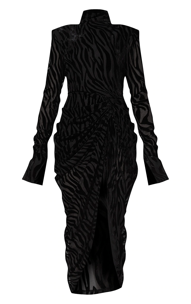 Black Zebra Print Devore High Neck Draped Midi Dress