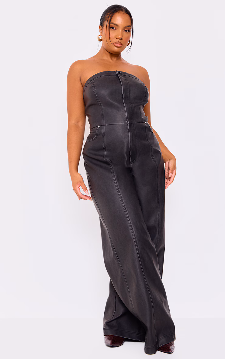 Plus Black Faux Leather Bandeau Lace Back Straight Leg Jumpsuit