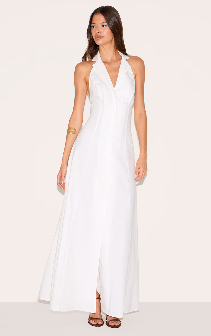 White Button Down Collar Detail Maxi Dress