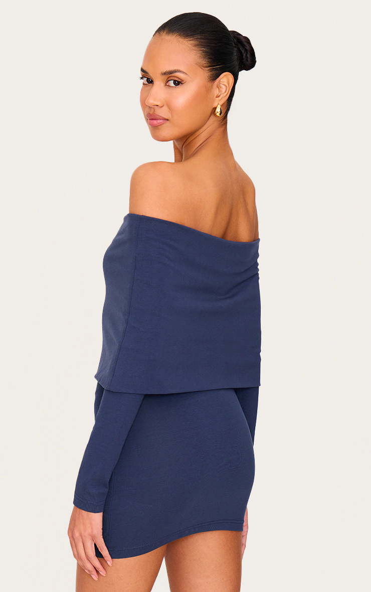 Navy Cotton Super Oversized Bardot Mini Dress