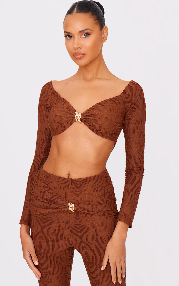 Chocolate Devore Long Sleeve Trim Cut Out Detail Jumpsuit