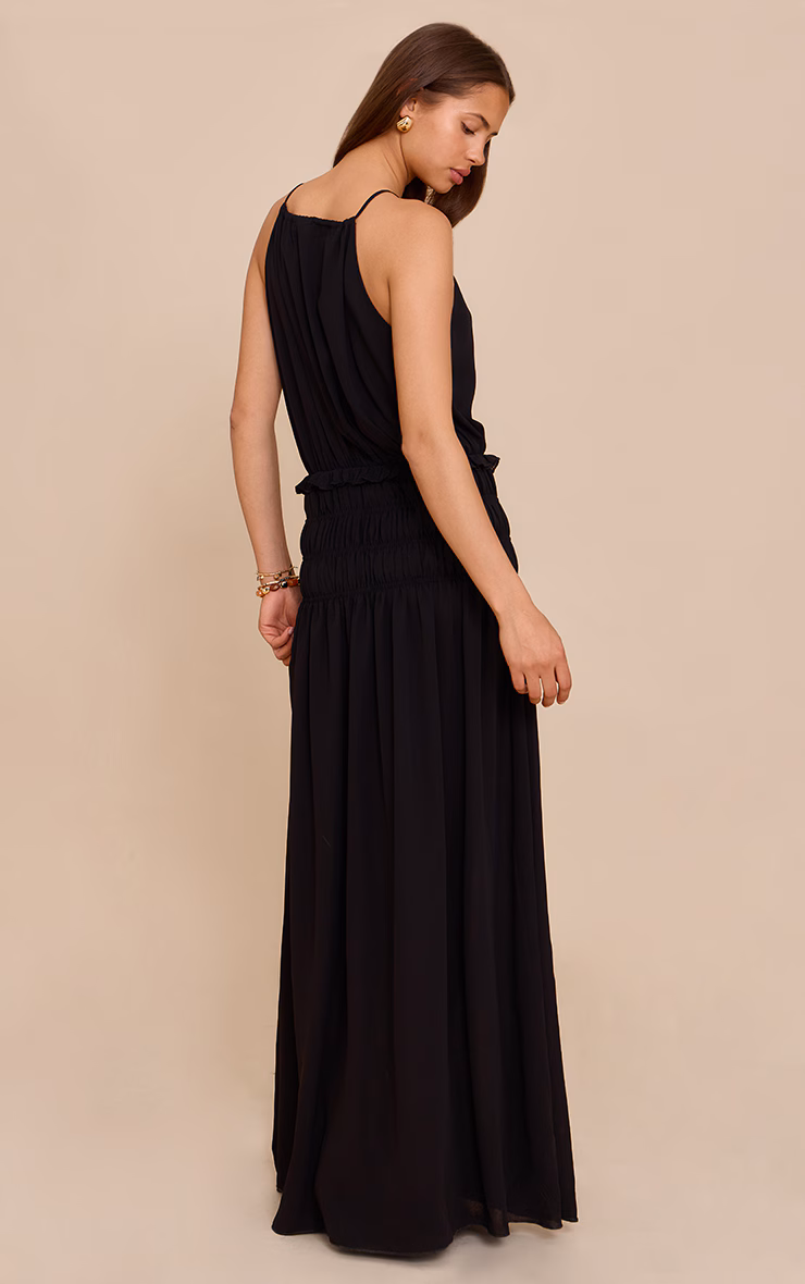 Black Chiffon Shirred Maxi Dress