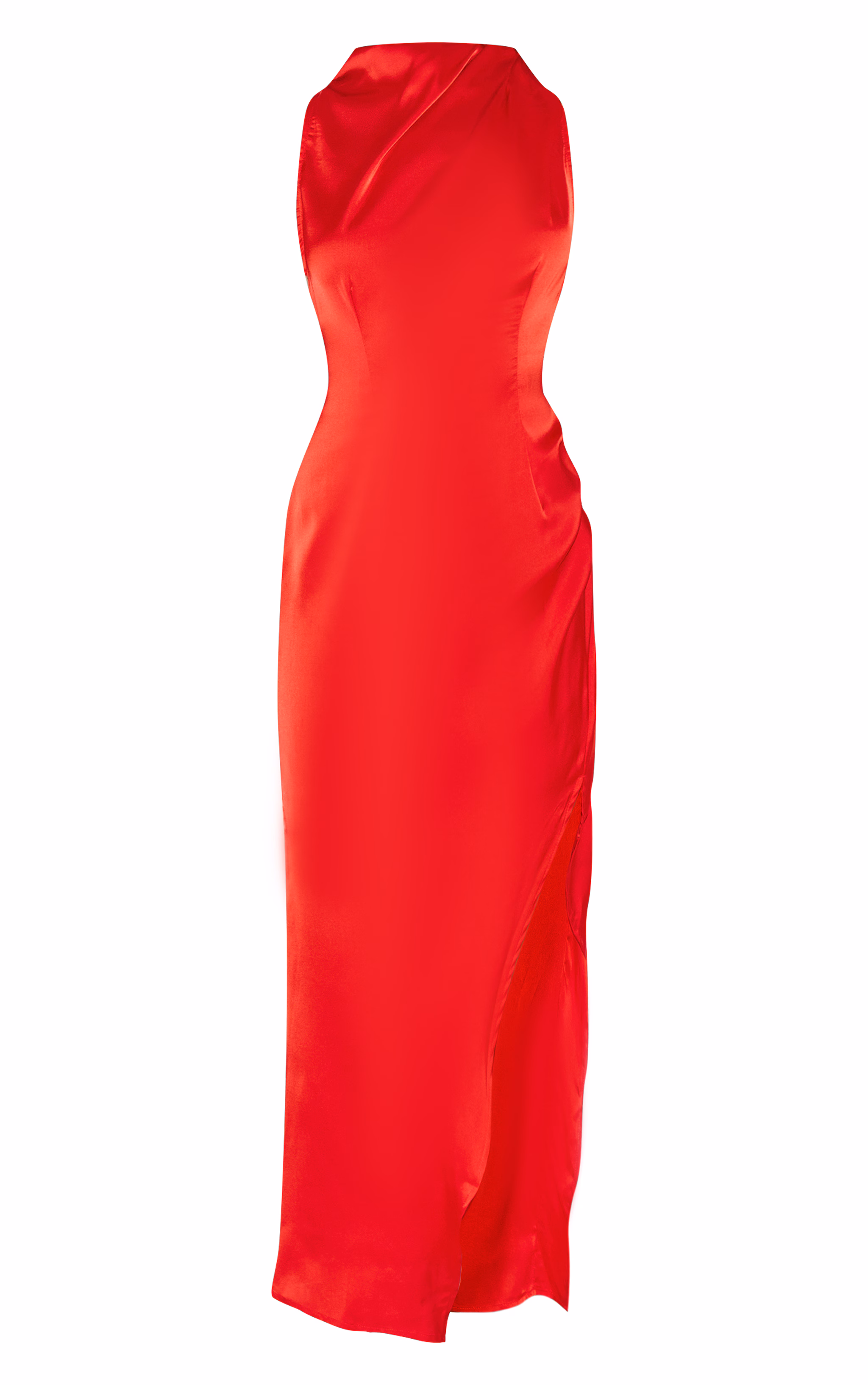 Red Satin High Neck Ruched Back Detail Midi Dress