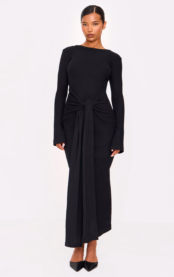 Black Heavy Brushed Rib Wrap Tie Maxi Dress