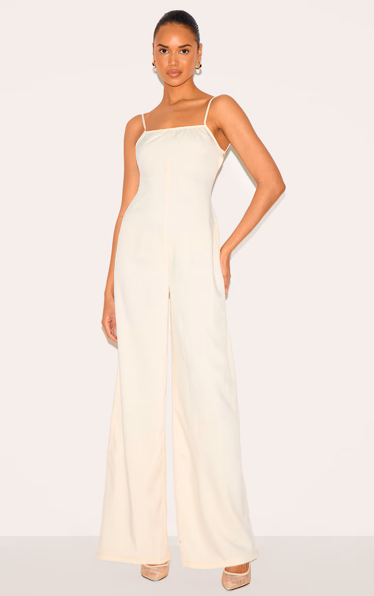 Cream Woven Backless Square Neck Wide Leg Jumpsuit