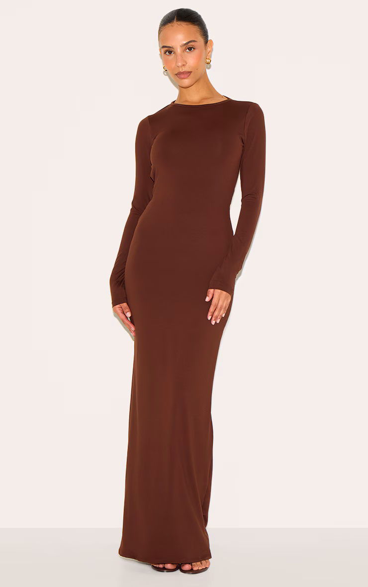 Petite Chocolate Slinky Asymmetric Open Back Maxi Dress