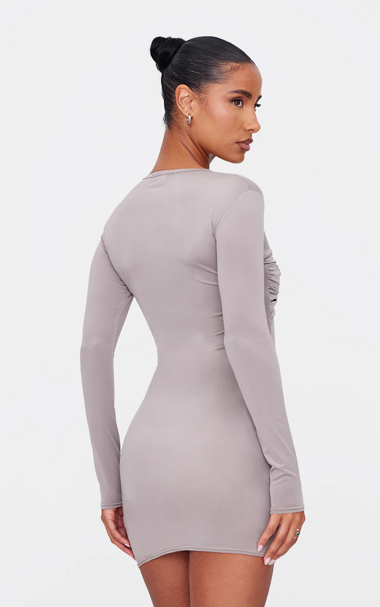 Taupe Twist Bandeau Detail Long Sleeve Mini Bodycon Dress