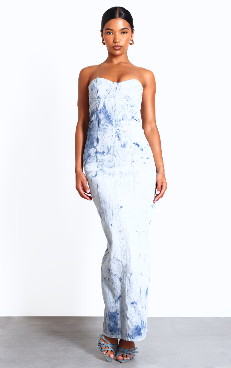 Blue Tie Dye Print Bustier Denim Maxi Dress