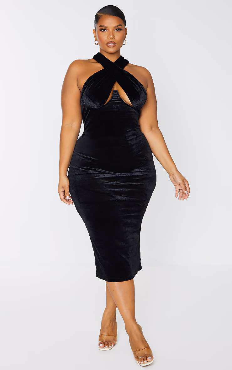 Plus Black Velvet Underwired Cross Front Midi Dress