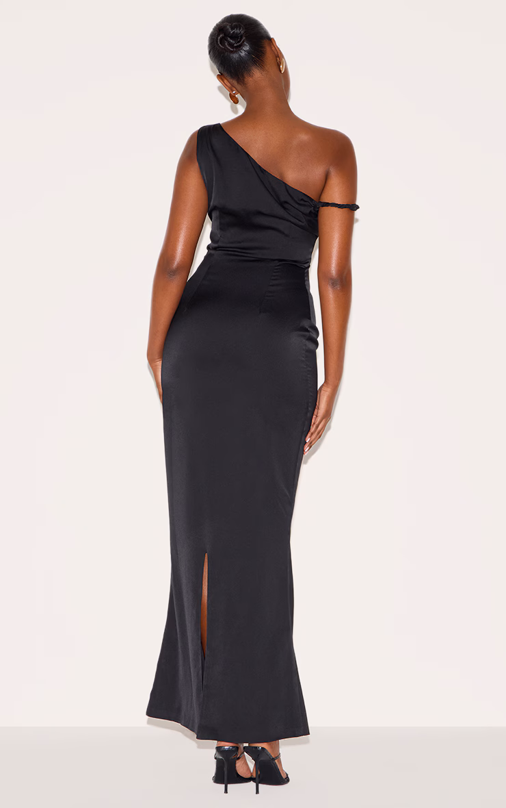 Black Satin Asymmetric Bardot Twist Maxi Dress