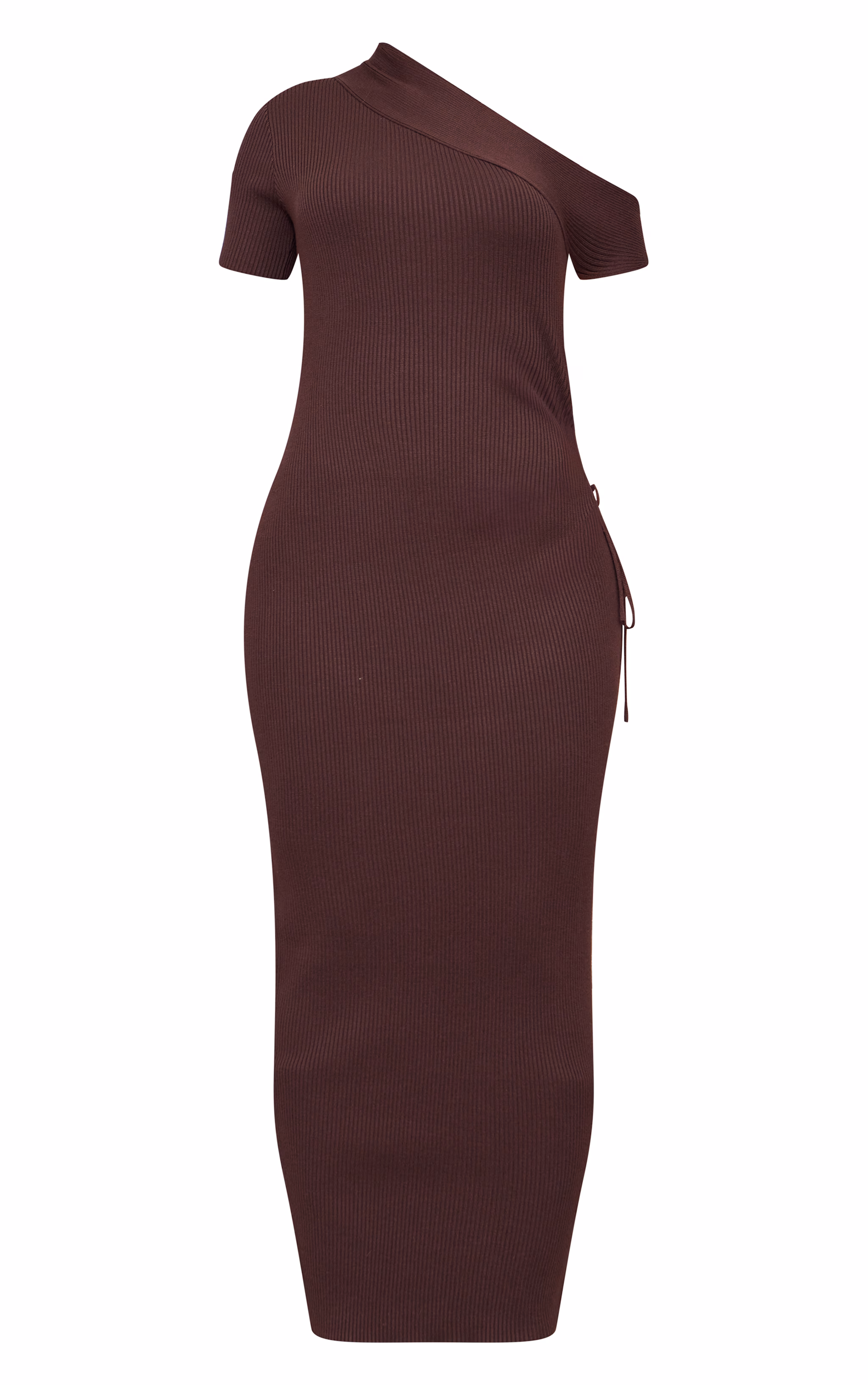 Chocolate Rib Knit Asymmetric Neck Ruched Side Maxi Dress