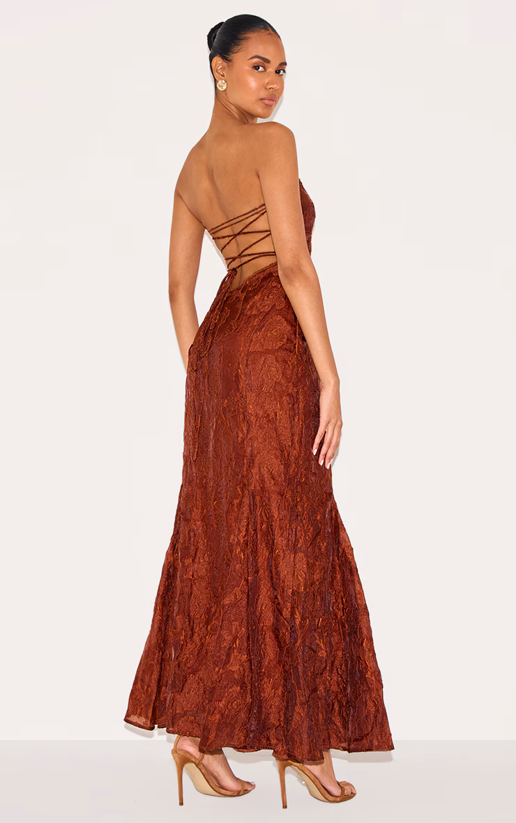 Chestnut Textured Lace Up Back Maxi Dress