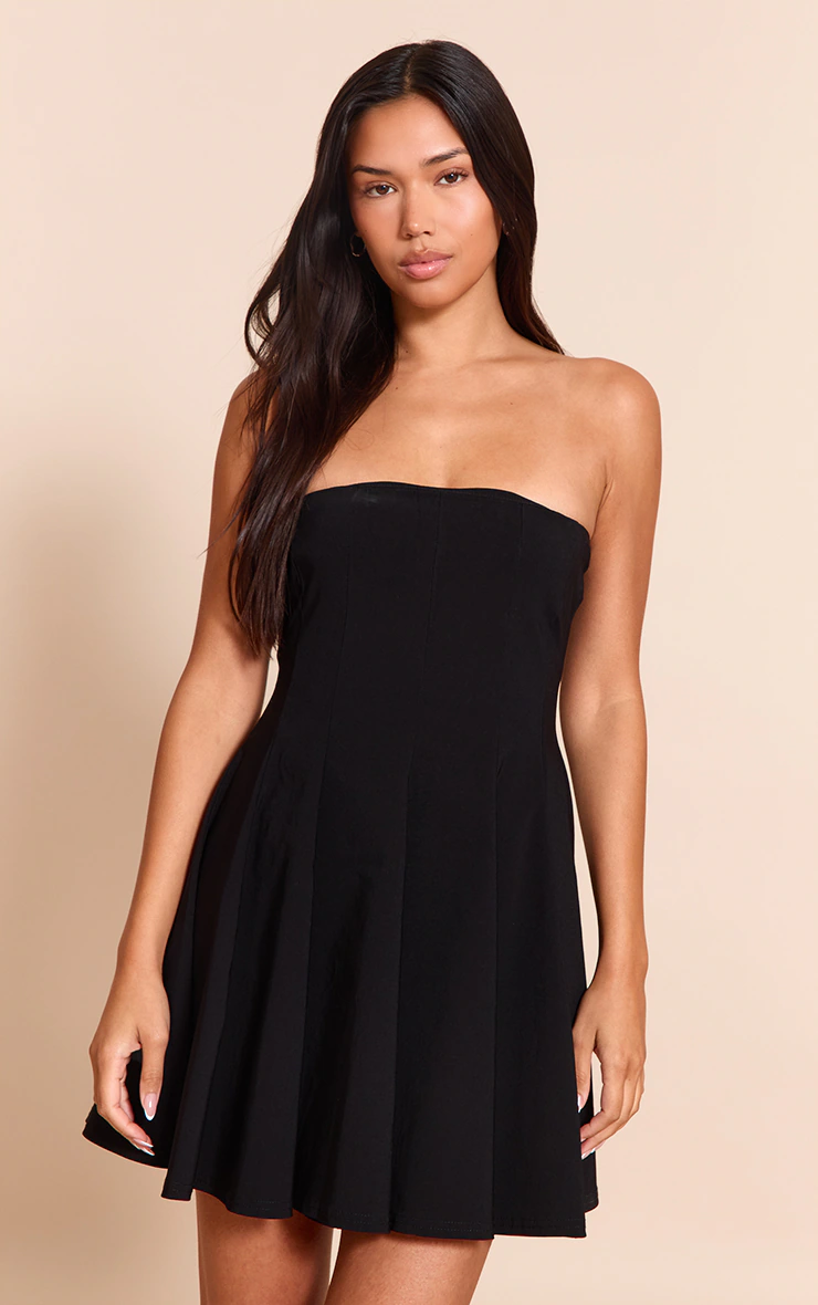 Black Stretch Woven Bandeau Pleated Shift Dress