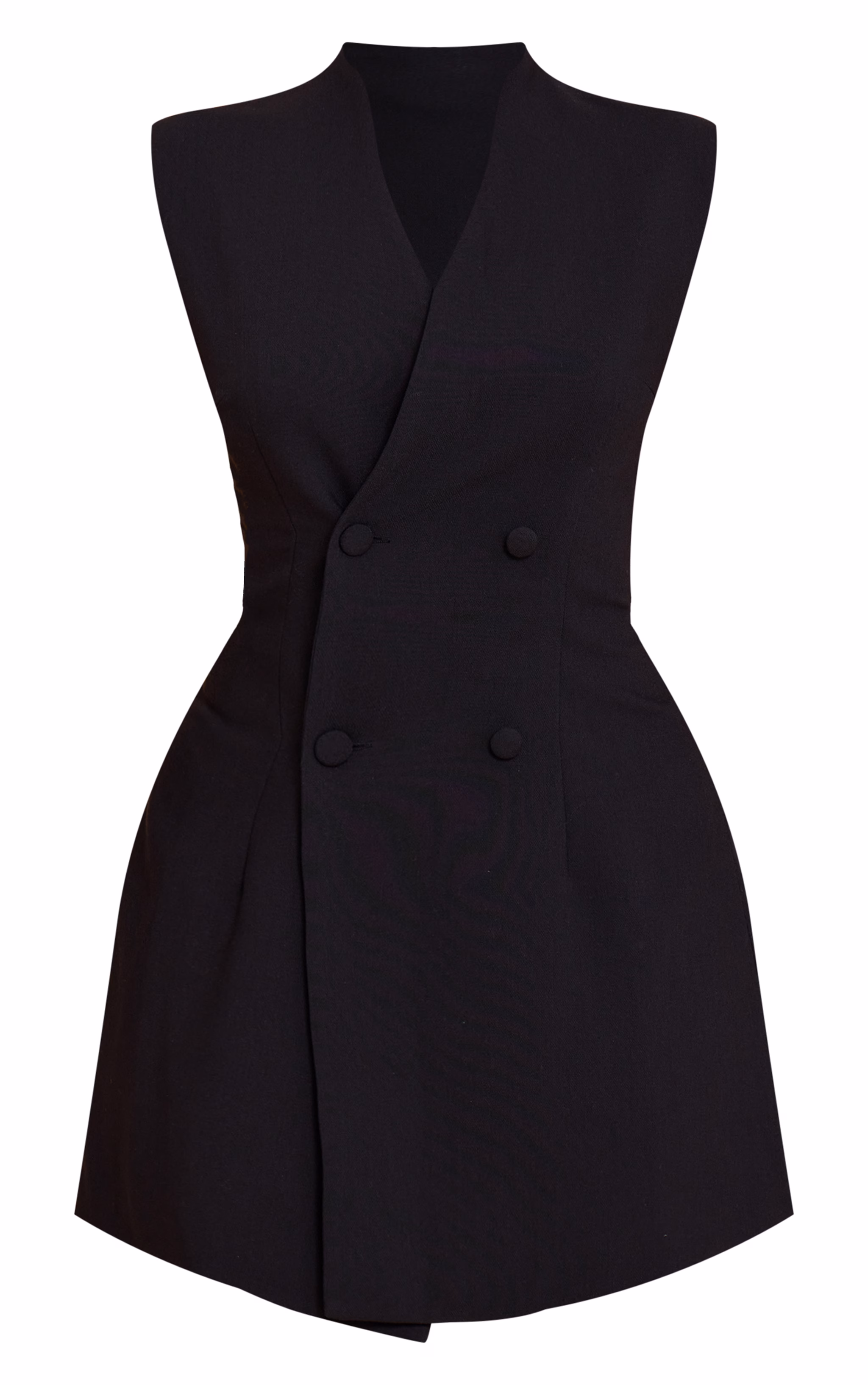 Black Woven Collarless Button Mini Dress