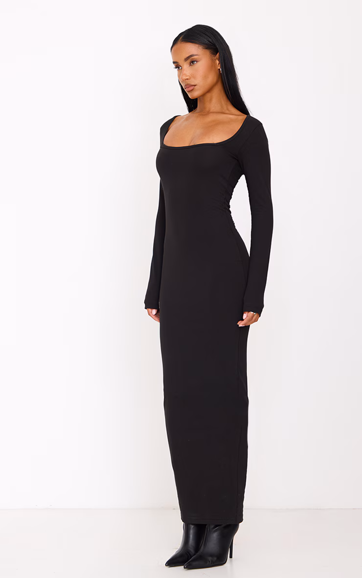 Black Cotton Square Neck Long Sleeve Maxi Dress