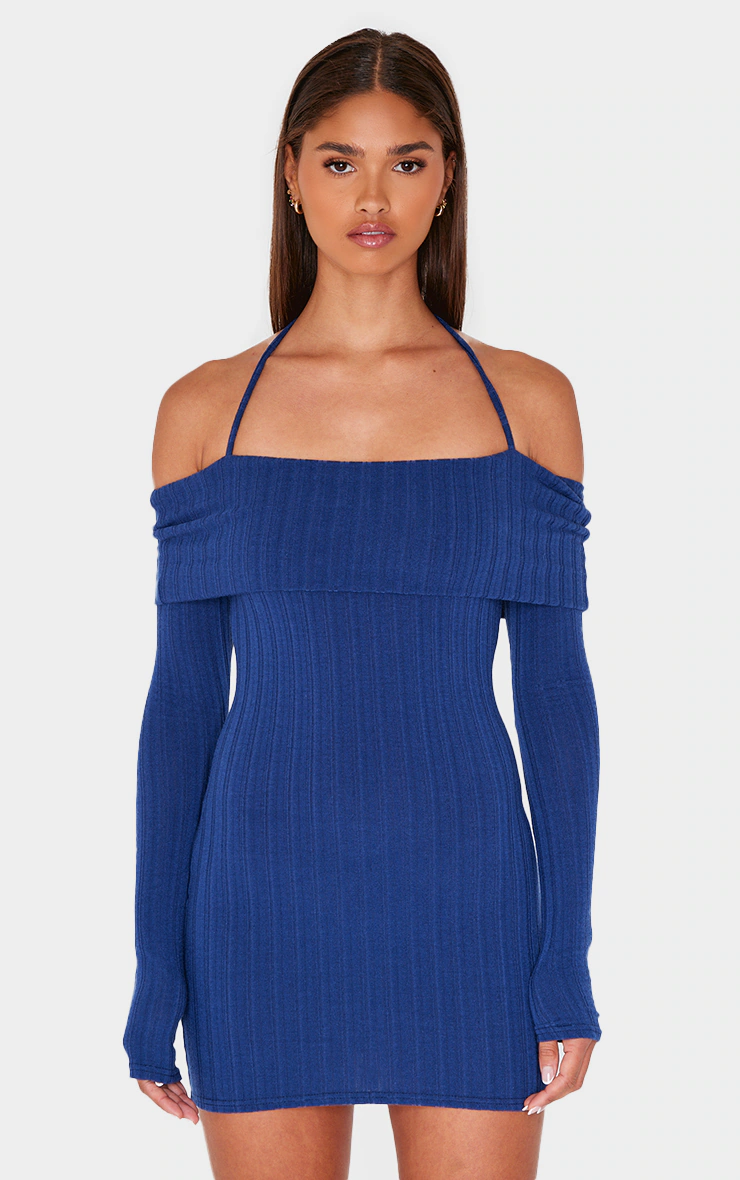 Navy Rib Bardot Fold Over Bodycon Dress