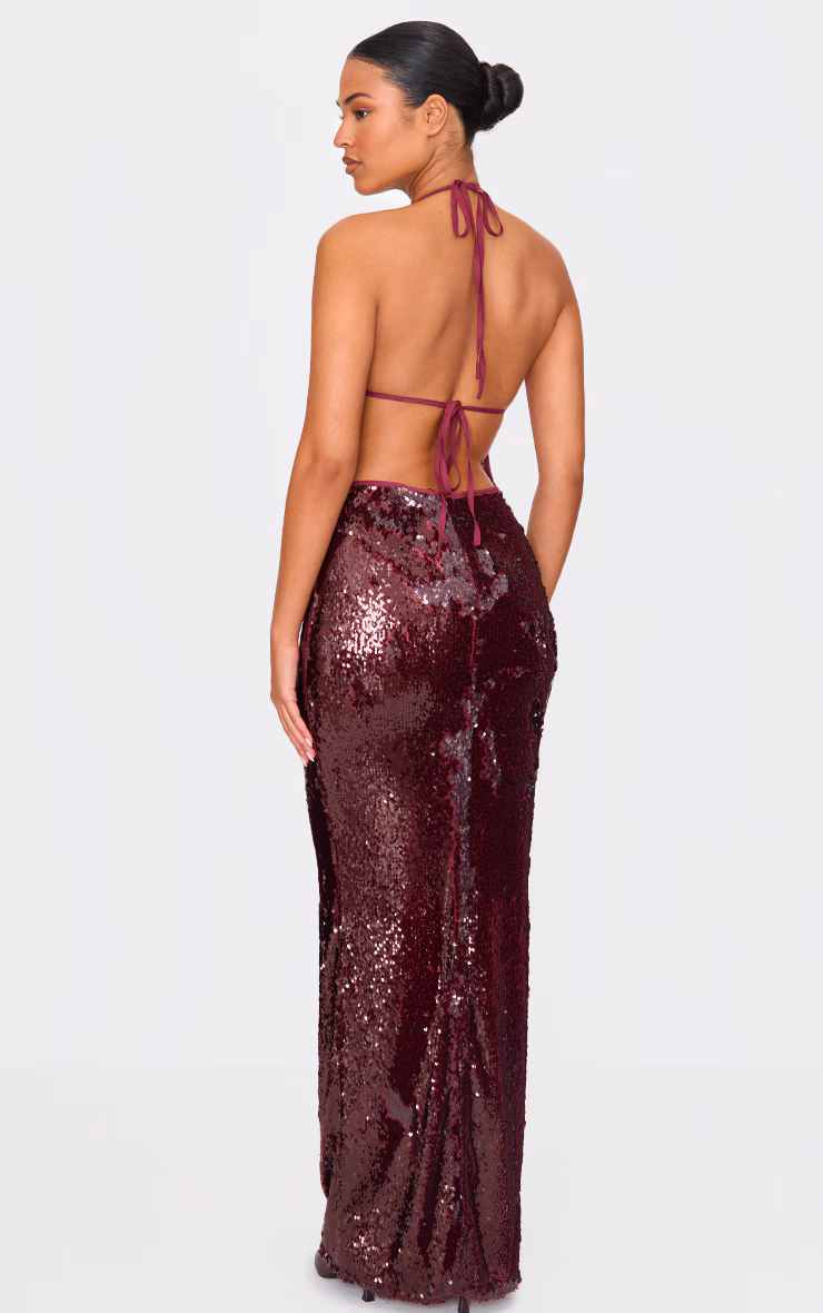 Tall Dark Red Sequin Plunge Halter Neck Maxi Dress