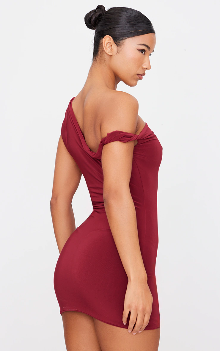 Burgundy Double Layer Slinky Twist Bodycon Dress