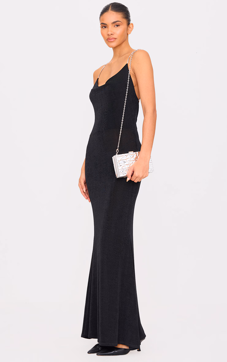 Black Slinky Diamante Strap Cowl Back Maxi Dress