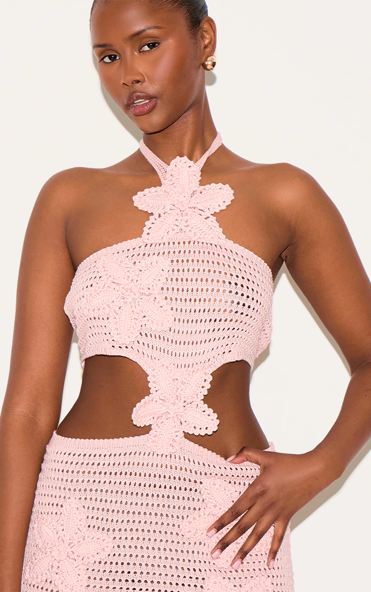 Dusty Pink Crochet Applique Flower Cut Out Mini Dress
